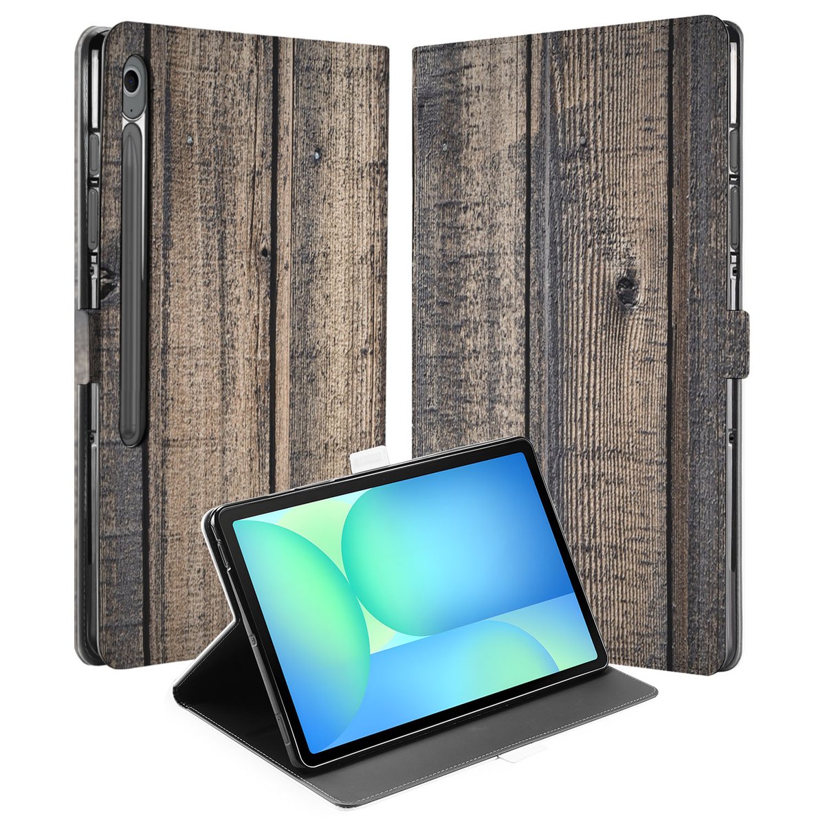 Steigerhout Book Case Hoesje met Standaard Samsung Galaxy Tab S10 FE Plus designnaam aanzicht