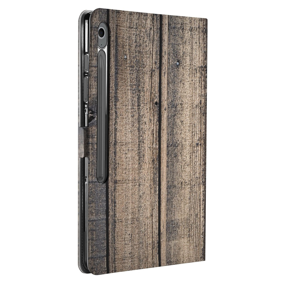 Steigerhout Book Case Hoesje met Standaard Samsung Galaxy Tab S10 FE Plus designnaam achteraanzicht