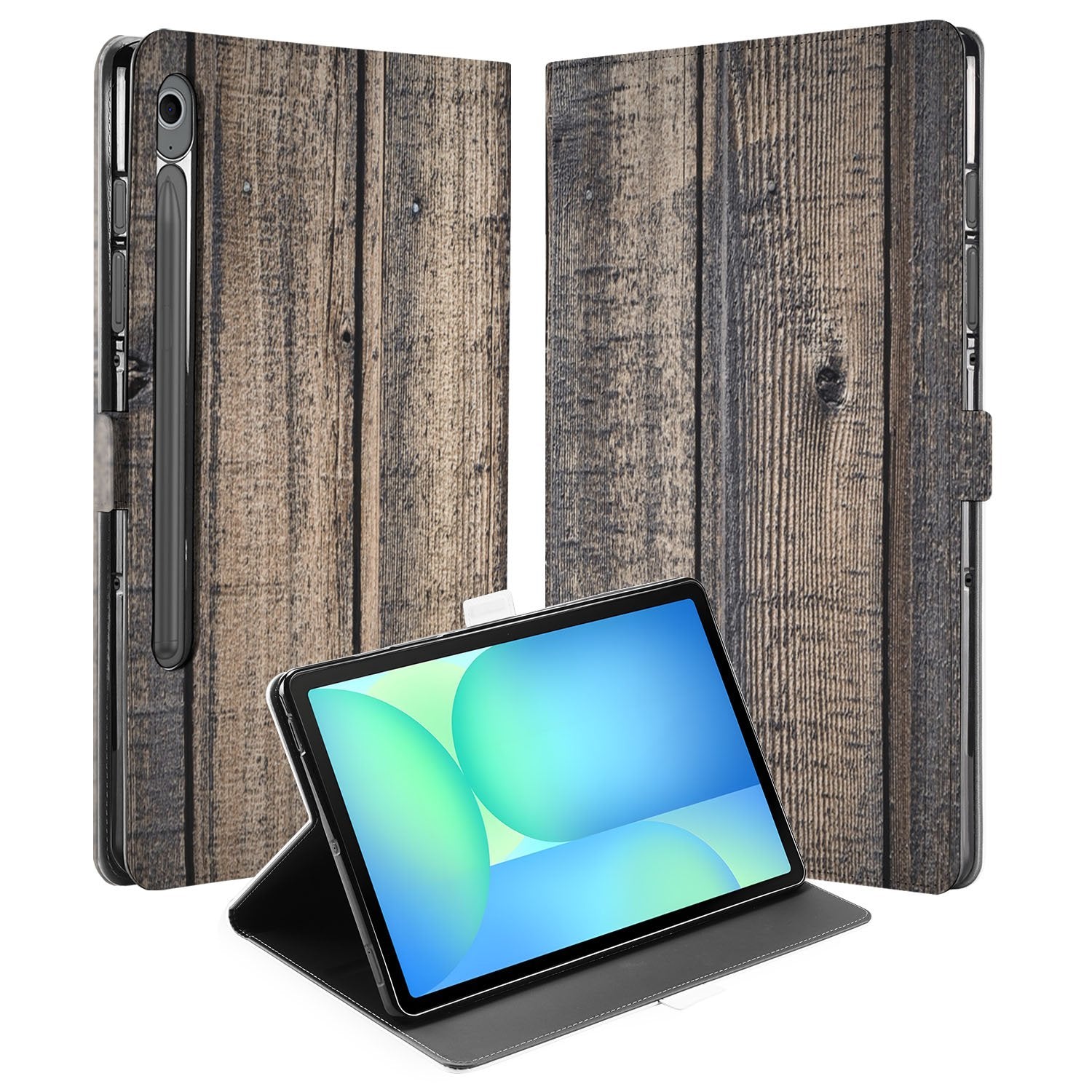Steigerhout Book Case Hoesje met Standaard Samsung Galaxy Tab S10 FE | Tab S9 FE tablet hoesje steigerhout vooraanzicht