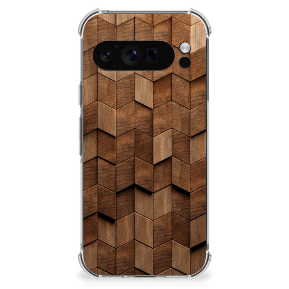 Google Pixel 9 Pro XL Stevig Telefoonhoesje Wooden Cubes bovenaanzicht