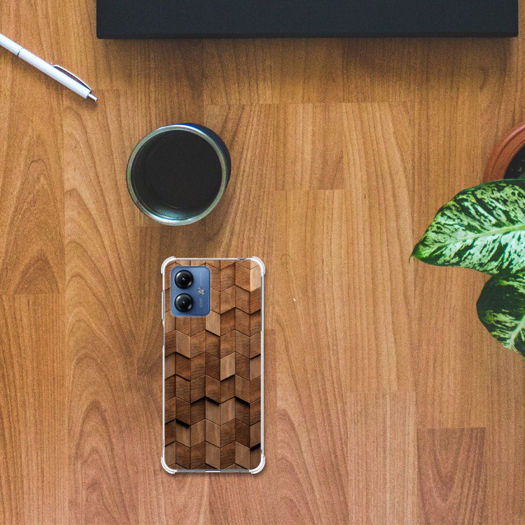 Motorola Moto G14 Stevig Telefoonhoesje Wooden Cubes bovenaanzicht