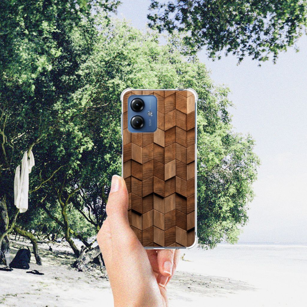 Motorola Moto G14 Stevig Telefoonhoesje Wooden Cubes voorzijde
