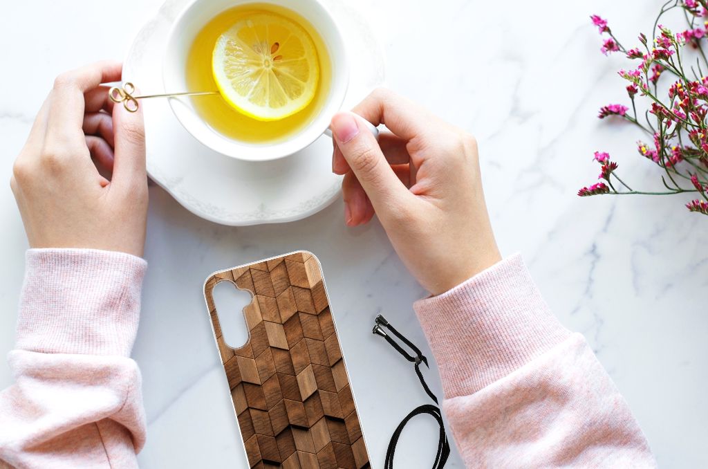Samsung Galaxy A14 5G Stevig Telefoonhoesje Wooden Cubes topview