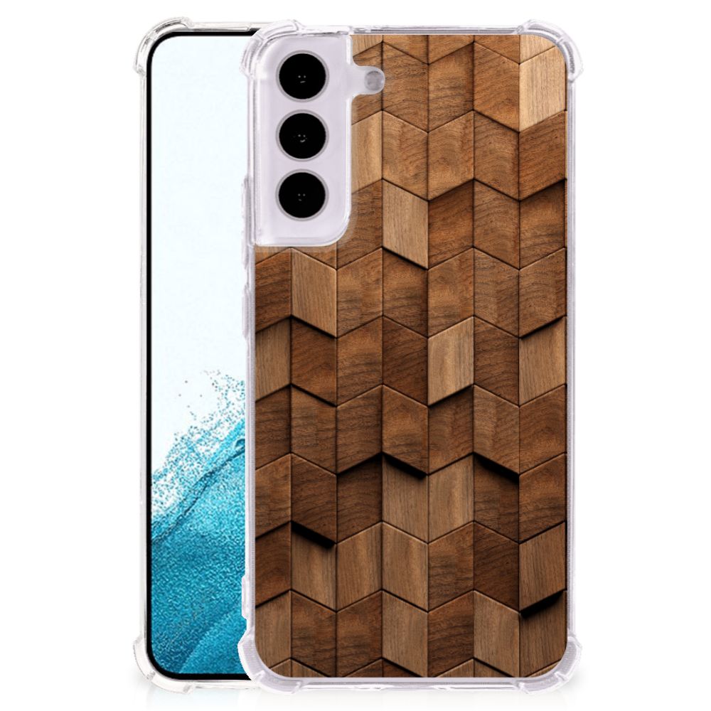 Samsung Galaxy S22 Stevig Telefoonhoesje Wooden Cubes achterzijde
