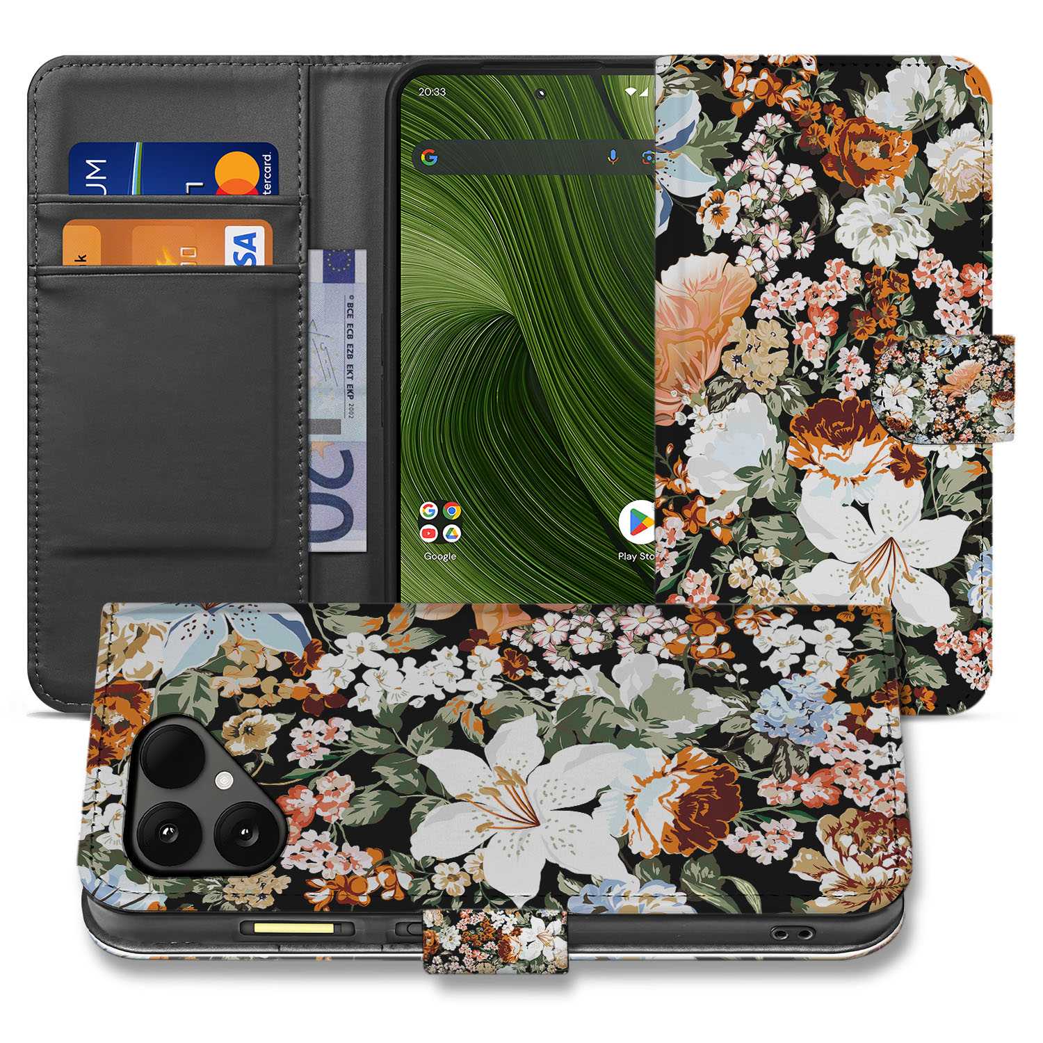 Fairphone 6 Stijlvol Dark Flowers Bookcase Hoesje met Pasjesruimte en Bescherming voorkant en binnenkant