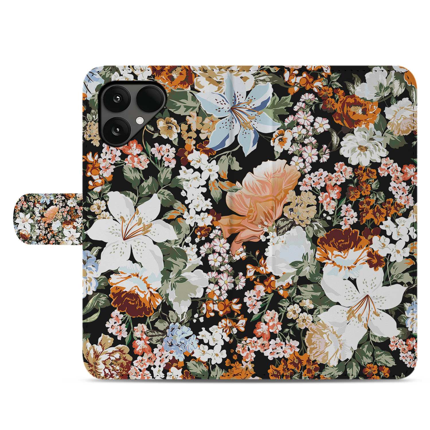 Fairphone 6 Stijlvol Dark Flowers Bookcase Hoesje achterkant bloemen ontwerp