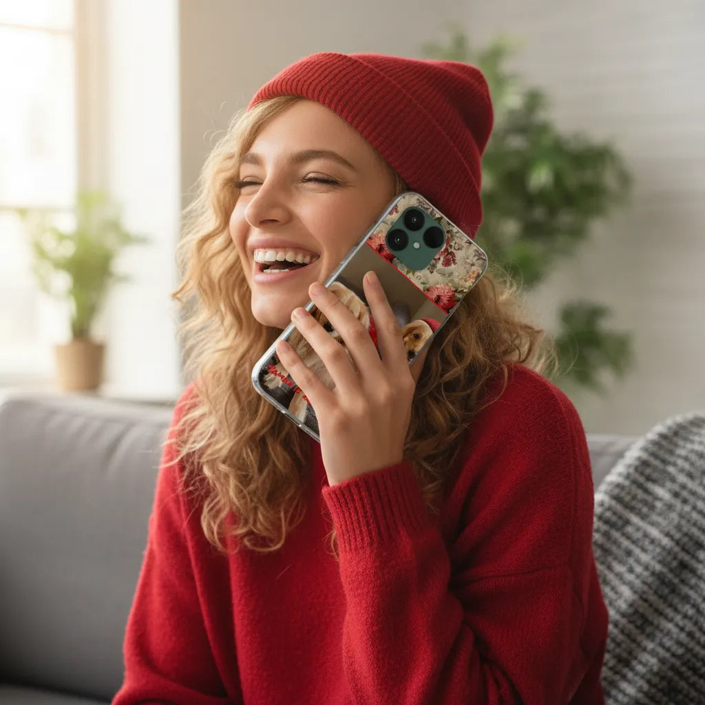 TPU Back Cover Hoesje Maken voor de Fairphone 6 — Jouw Ontwerp, Jouw Stijl met een lachend meisje en bloeiende telefoonhoesje
