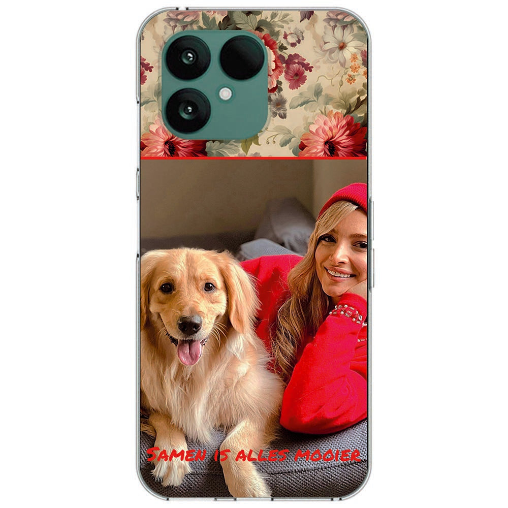 TPU Back Cover Hoesje Maken voor de Fairphone 6 — Jouw Ontwerp, Jouw Stijl met foto van een vrouw en haar hond.