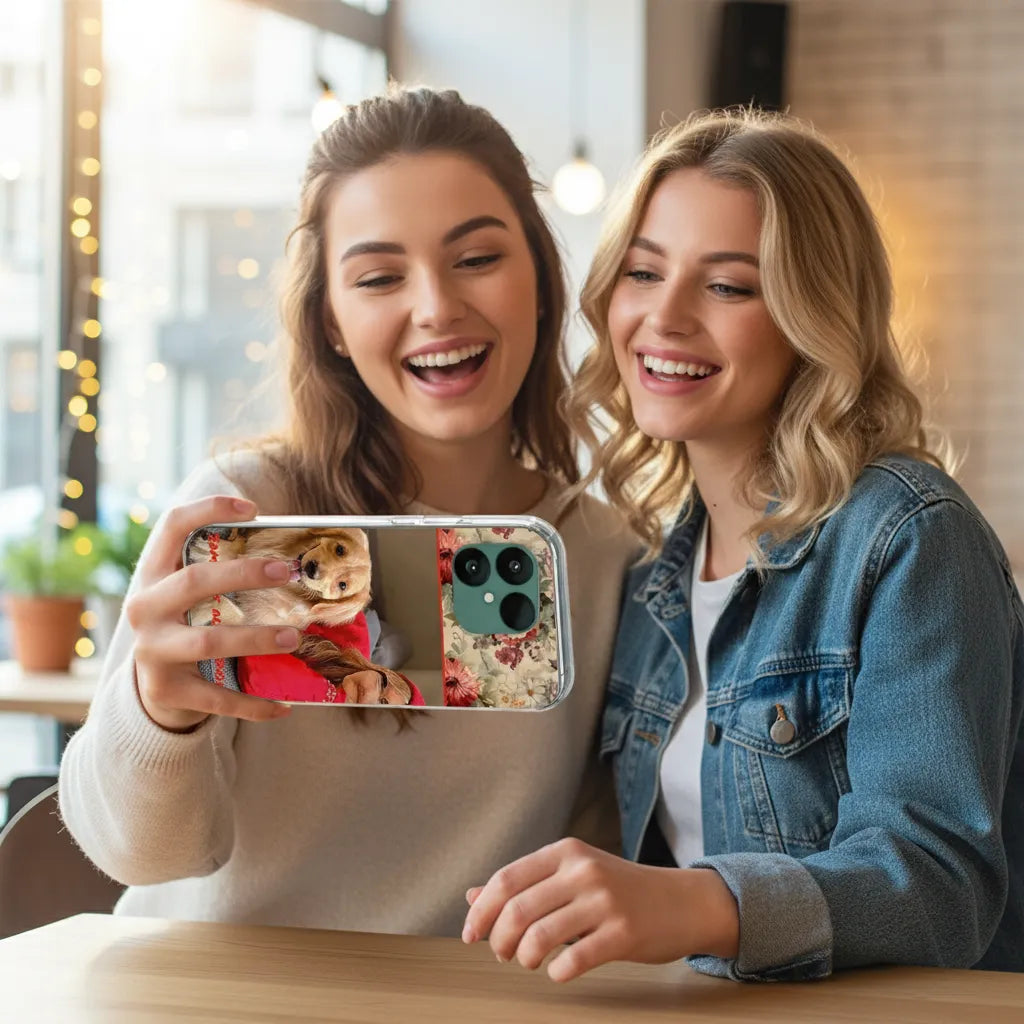 TPU Back Cover Hoesje Maken voor de Fairphone 6 — Jouw Ontwerp, Jouw Stijl: Twee vrouwen lachen terwijl ze hun gepersonaliseerde telefoonhoesje bekijken.
