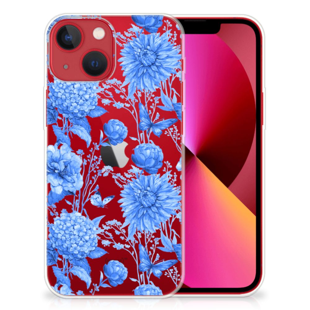 TPU Case voor Apple iPhone 13 Flowers Blue met prachtig blauw bloemenontwerp op een rode achtergrond.