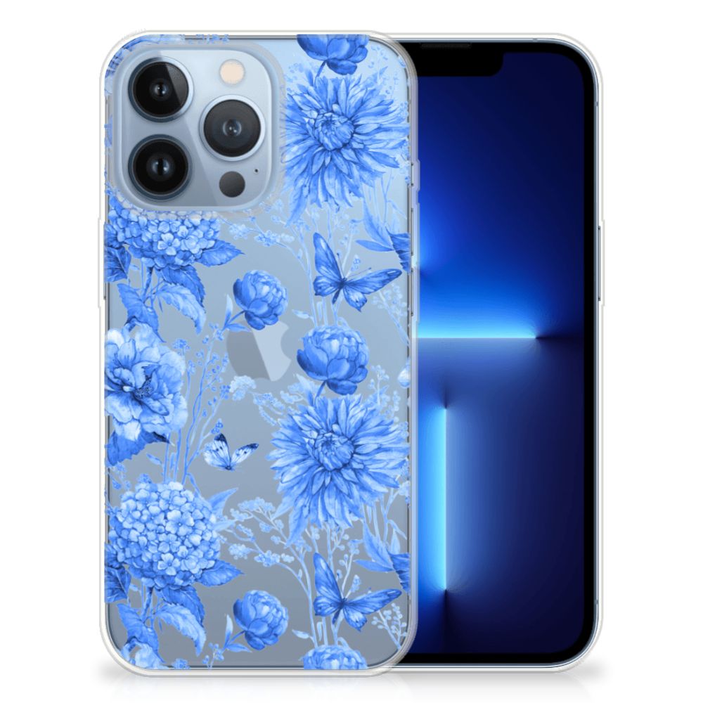 TPU Case voor Apple iPhone 13 Pro Flowers Blue - Mooi ontwerp met blauwe bloemen 🌸 op een doorzichtig hoesje.