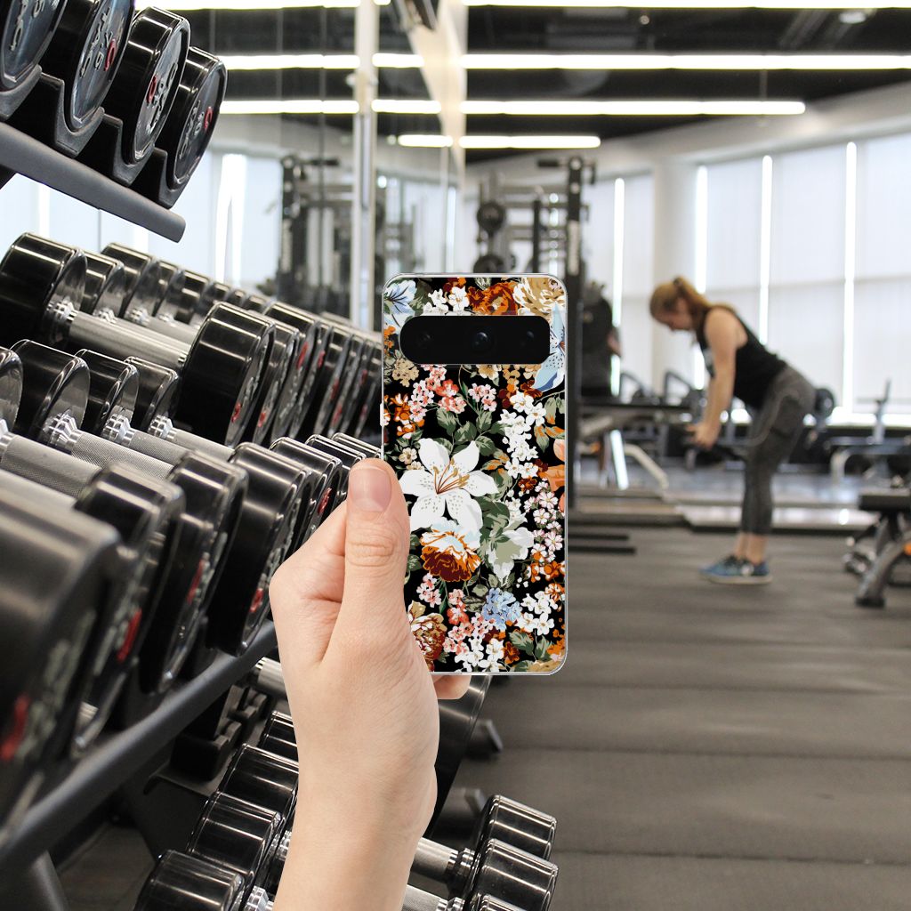 TPU Case voor Google Pixel 8 Pro Dark Flowers bij gewichten in sportschool, perfect cadeau voor bloemenliefhebbers 🌸.