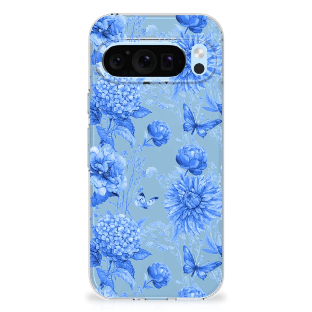 Google Pixel 9 | 9 Pro TPU Case Flowers Blue achterzijde