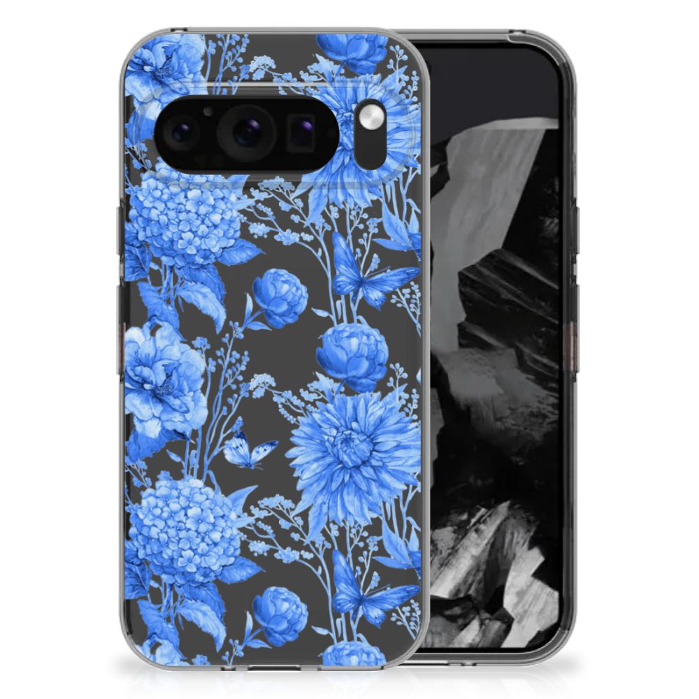 Google Pixel 9 Pro XL TPU Case Flowers Blue bovenaanzicht