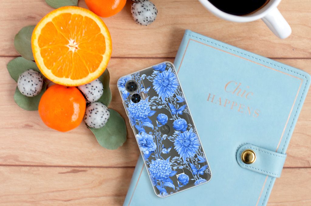 Motorola Edge 30 Neo TPU Case Flowers Blue bovenaanzicht