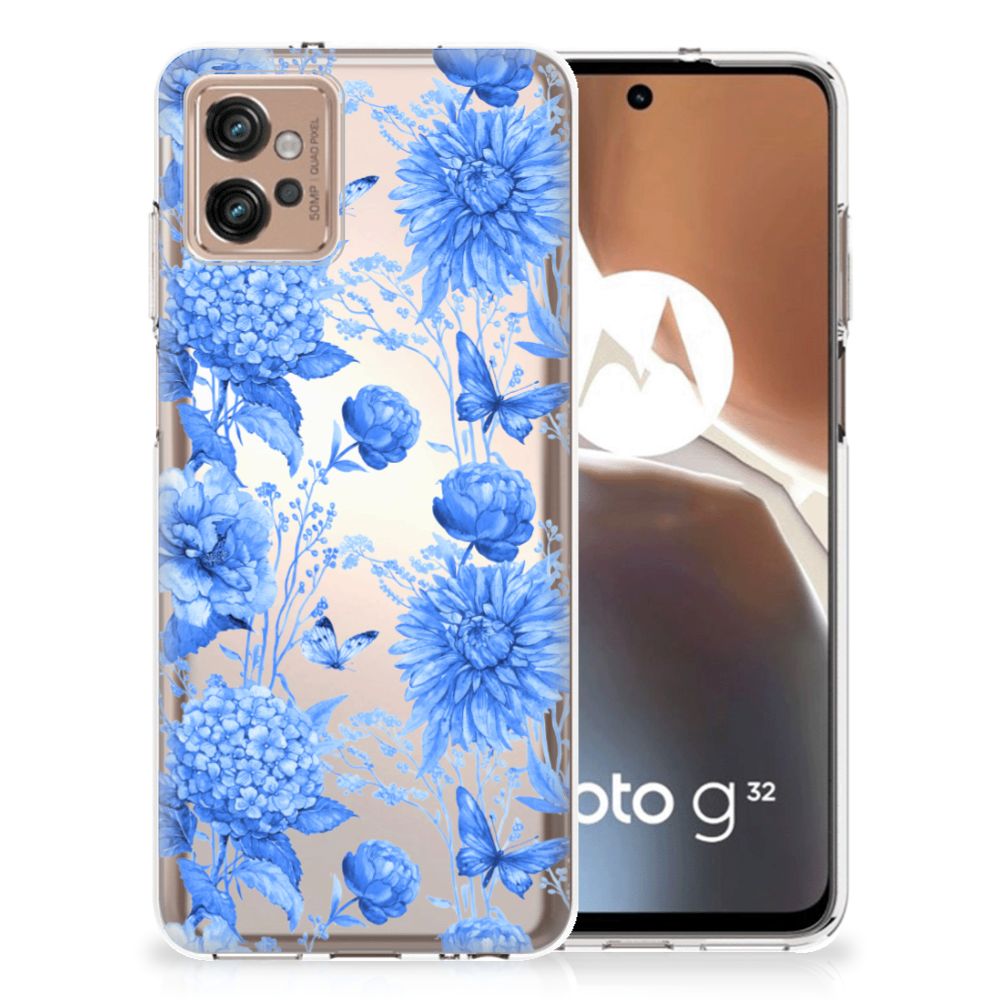 Motorola Moto G32 TPU Case Flowers Blue bloemen design achterkant