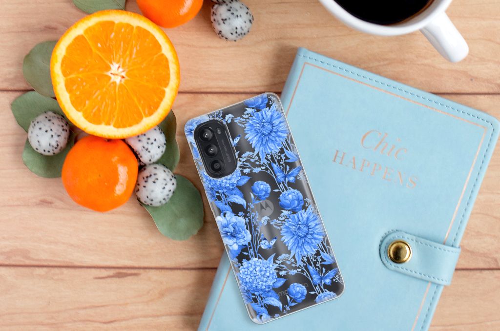 Motorola Moto G52/G82 TPU Case Flowers Blue design boven
