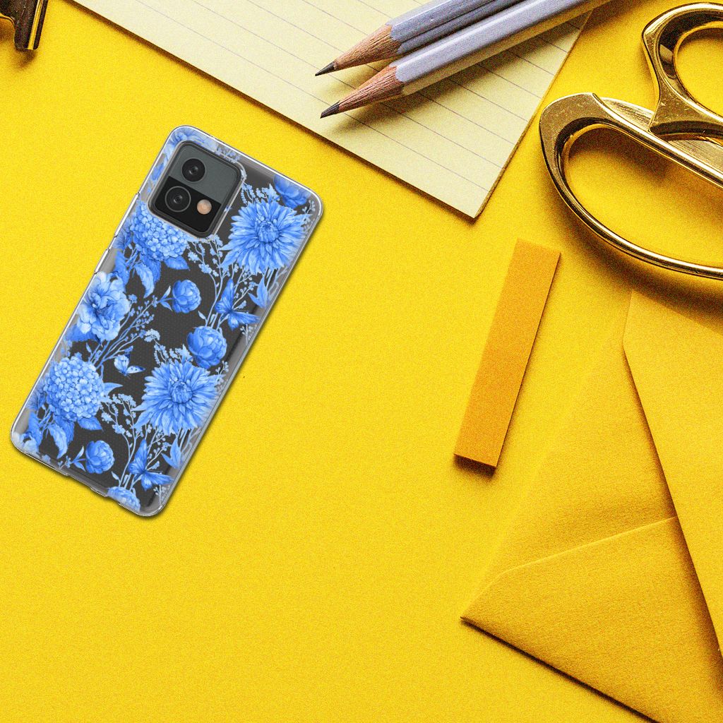 TPU Case voor Motorola Moto G72 Flowers Blue bloemen zwart boven