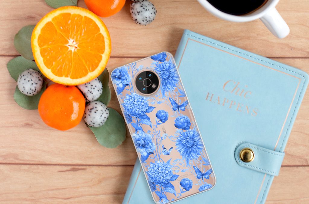 Nokia G50 TPU Case Flowers Blue bovenaanzicht bloemen fruitschalen notebook