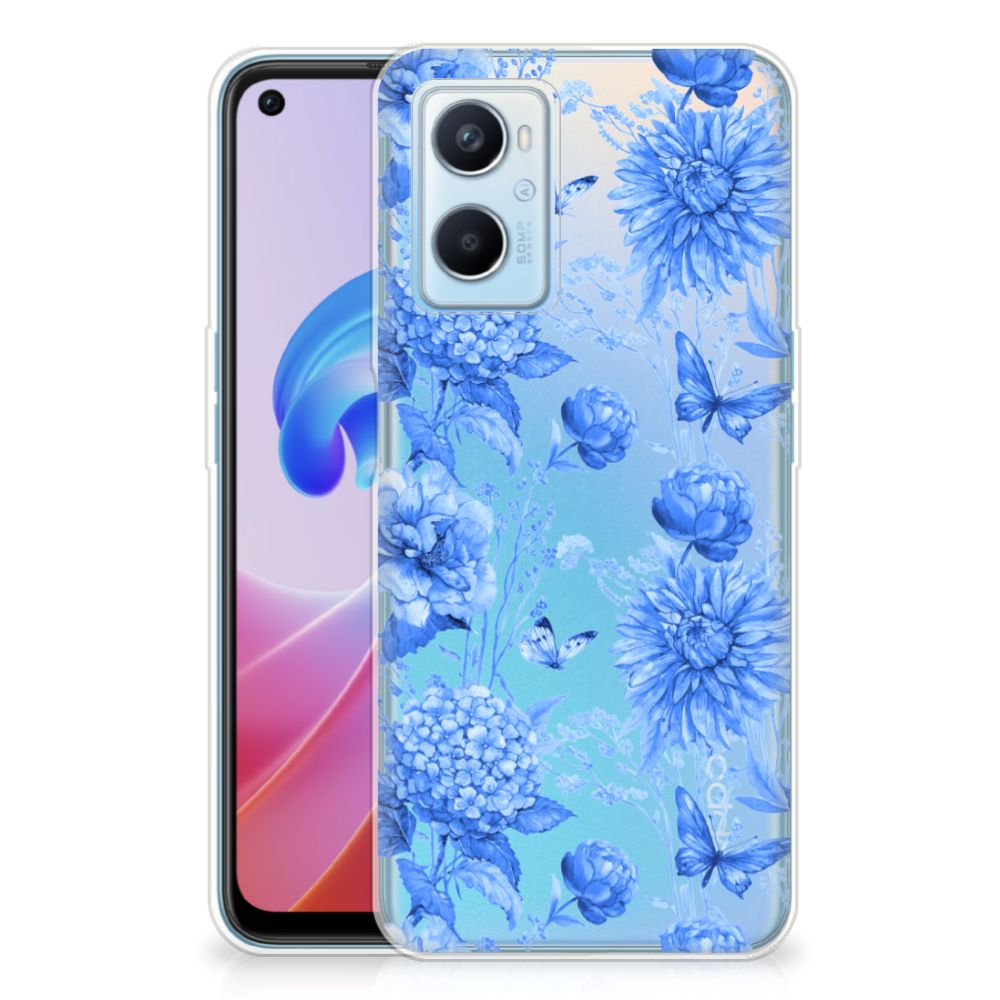 OPPO A96 OPPO A76 TPU Case Flowers Blue achterzijde met bloemen en vlinders