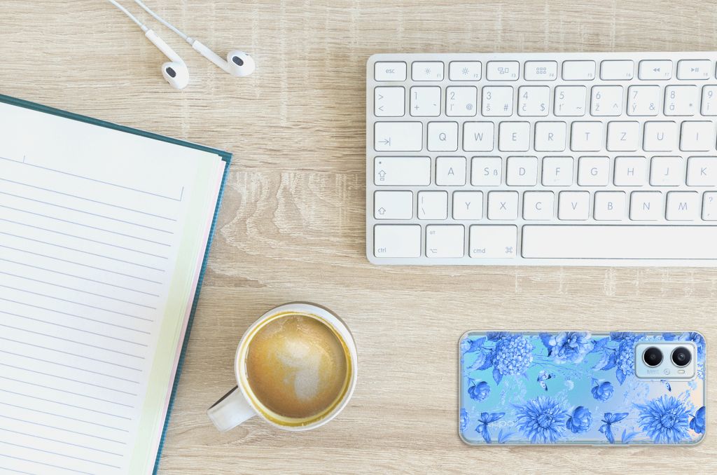 TPU Case voor OPPO A96 | OPPO A76 Flowers Blue bovenaanzicht telefoonhoesje bureau met koffie toetsenbord notitieboek