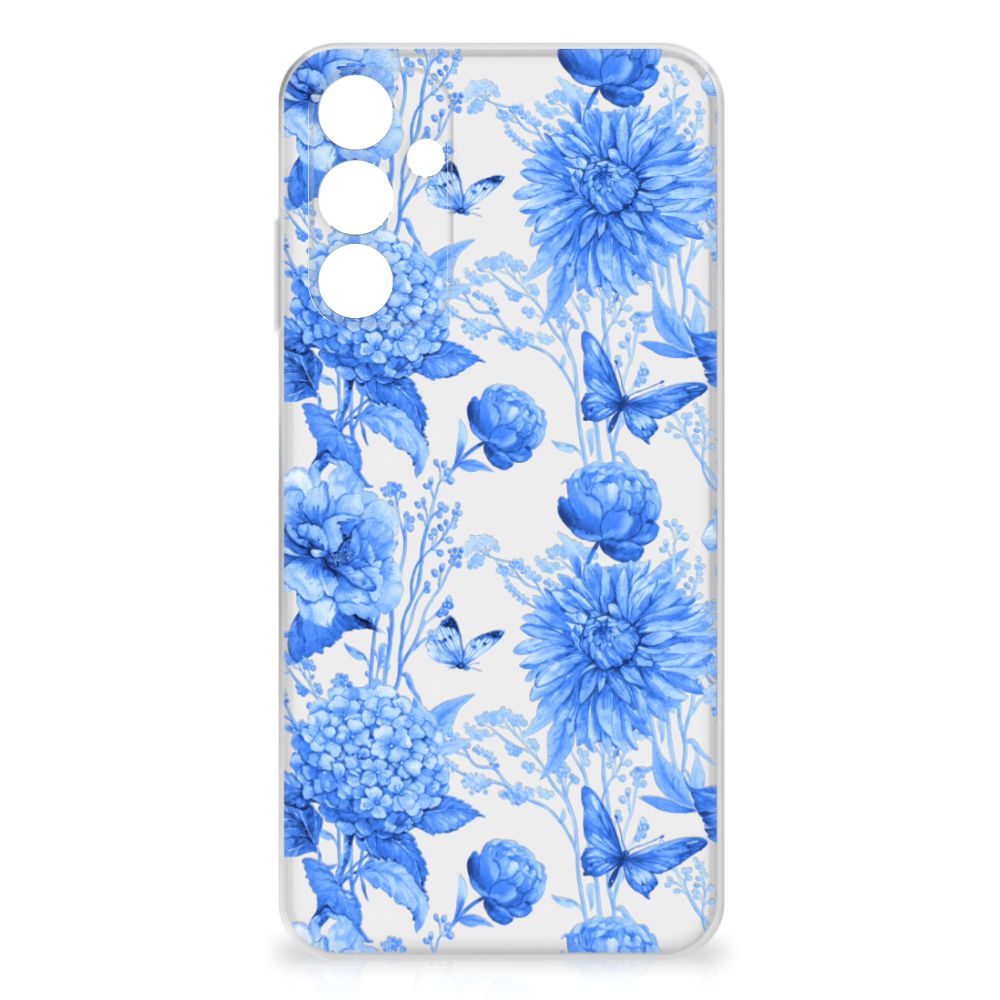 Samsung Galaxy A15 TPU Case Flowers Blue achteraanzicht
