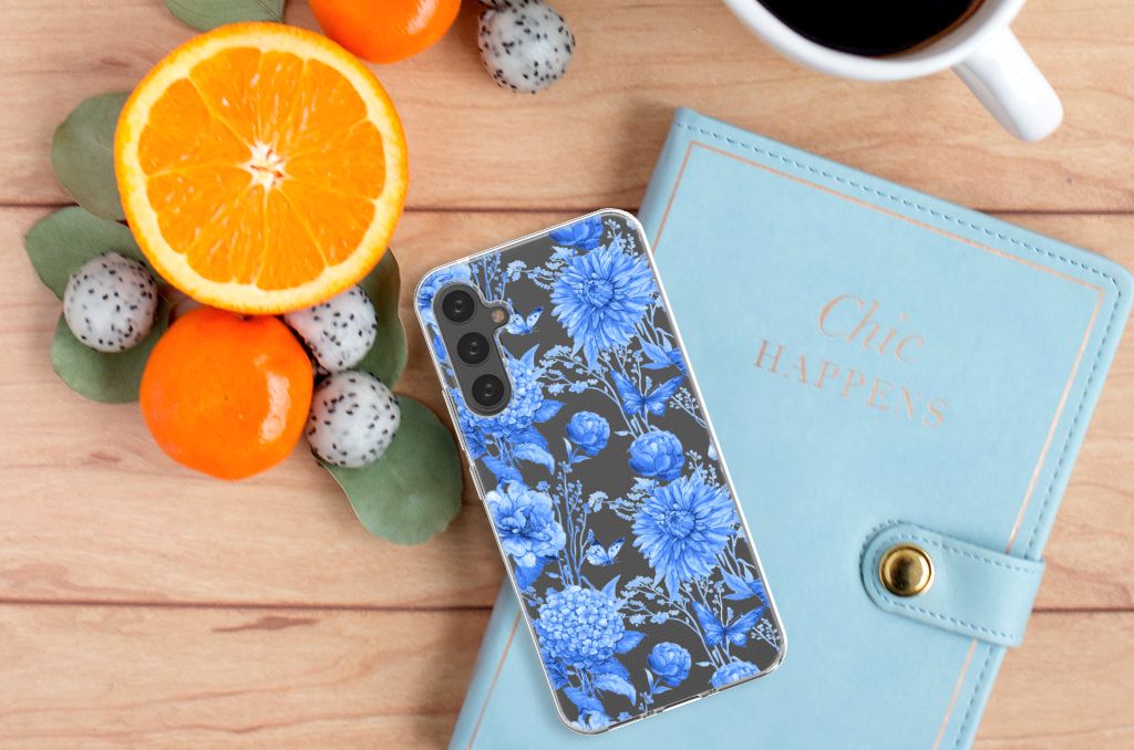 Samsung Galaxy A34 TPU Case Flowers Blue design bovenaanzicht