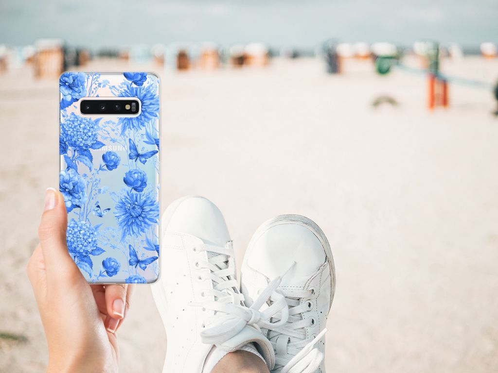 Samsung Galaxy S10 Plus TPU Case Flowers Blue achterkant strand