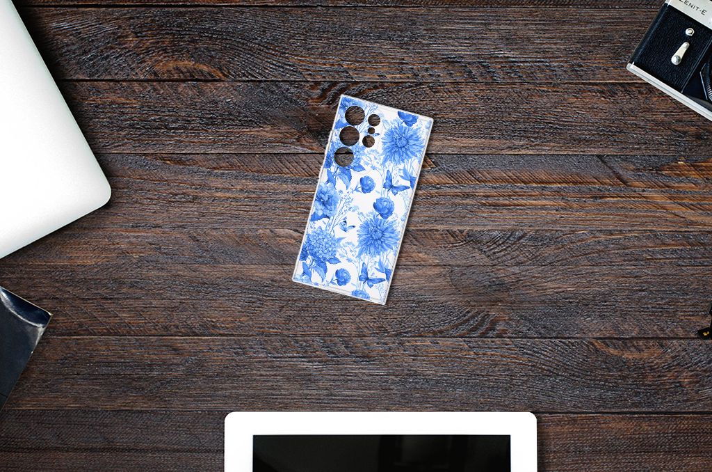 Samsung Galaxy S24 Ultra TPU Case Flowers Blue bovenaanzicht