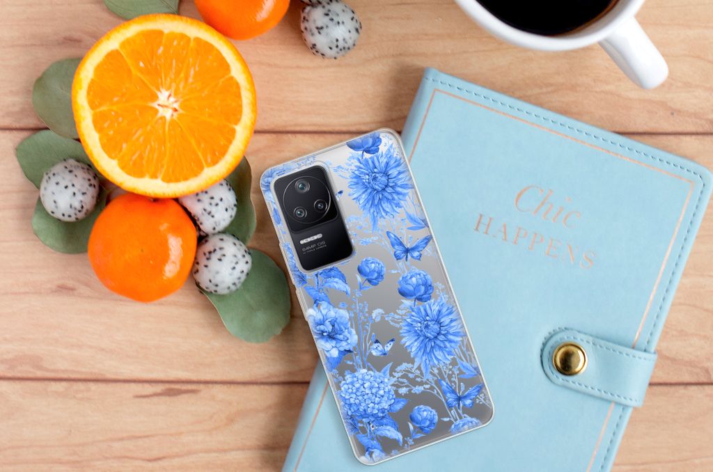 TPU Case voor Xiaomi Poco F4 Flowers Blue bloemen design bovenaanzicht
