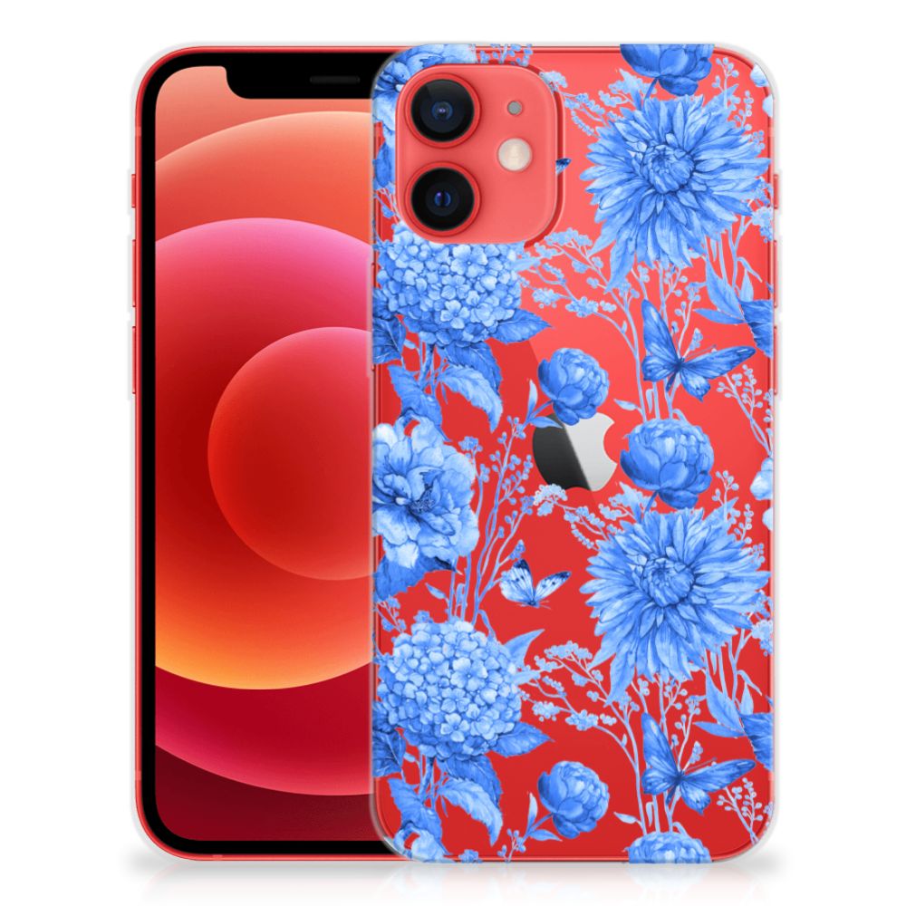TPU Case voor iPhone 12 Mini Flowers Blue met prachtige blauwe bloemen op een rode achtergrond 🌸