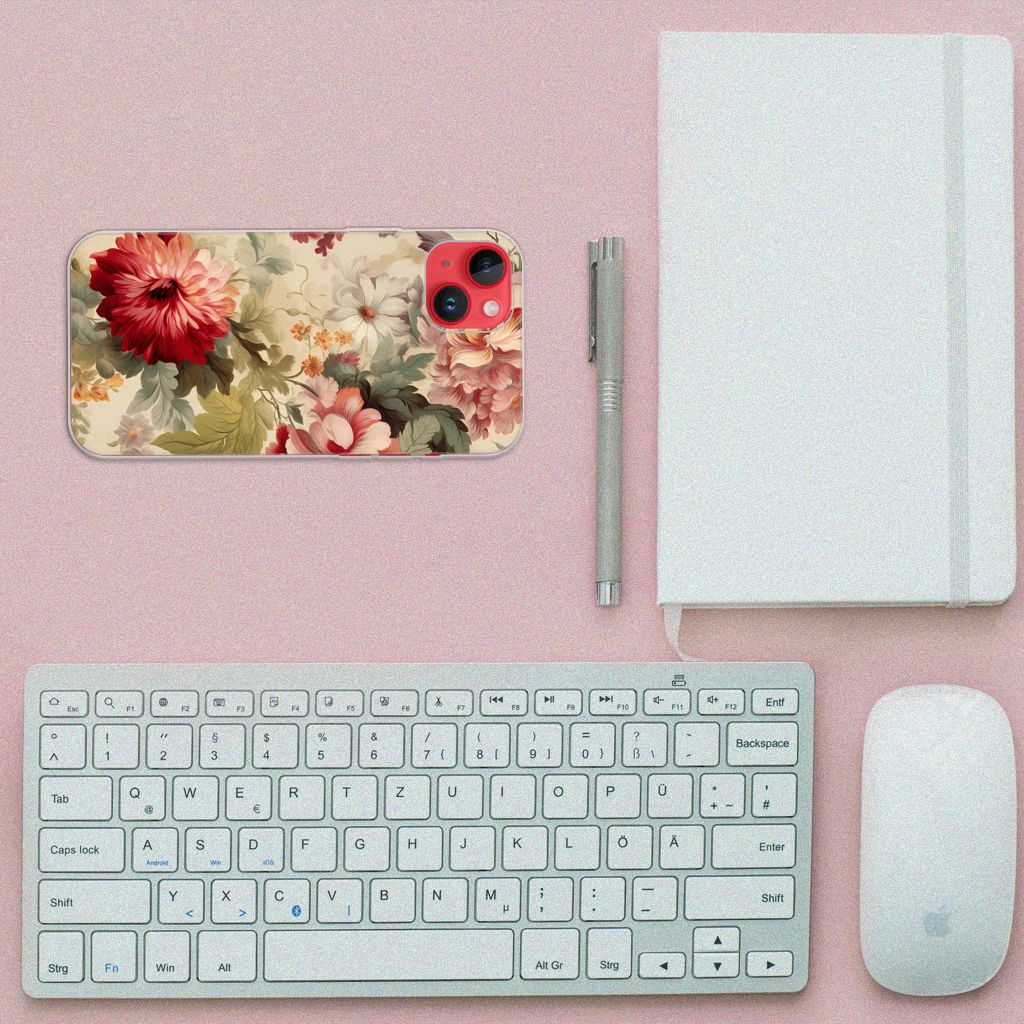 TPU Case voor iPhone 14 Plus Bloemen op een bureau met toetsenbord en notitieboek 📓.