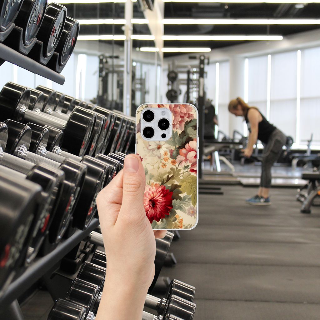 TPU Case voor iPhone 15 Pro Bloemen in de sportschool met gewichten op de achtergrond.