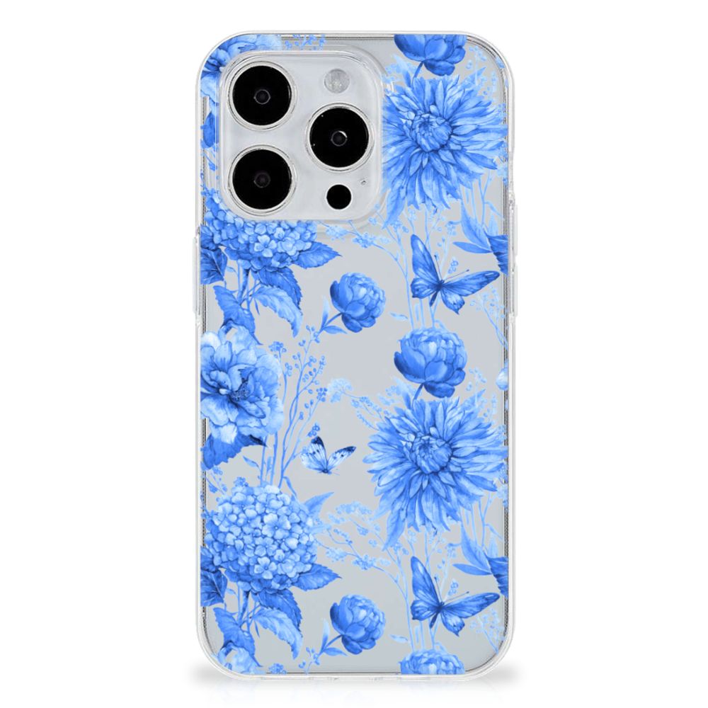 TPU Case voor iPhone 15 Pro Max Flowers Blue met prachtige blauwe bloemen en vlinders 🦋