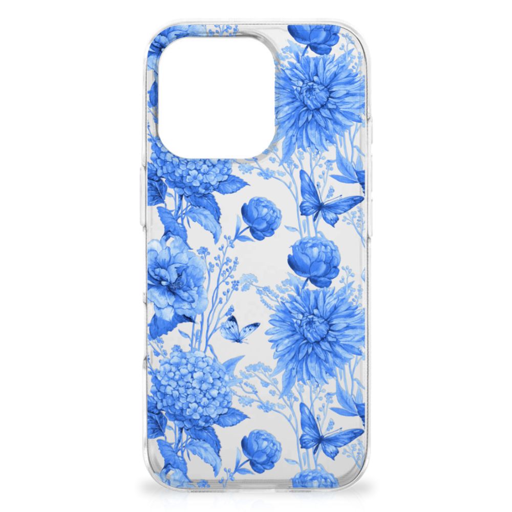 Apple iPhone 16 Pro Max TPU Case Flowers Blue voorkant
