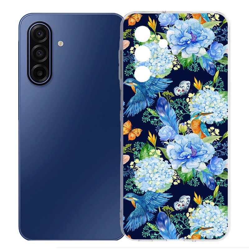 TPU Hoesje Samsung Galaxy A17 IJsvogel Backcover design kleurrijke bloemen vogels aanzicht