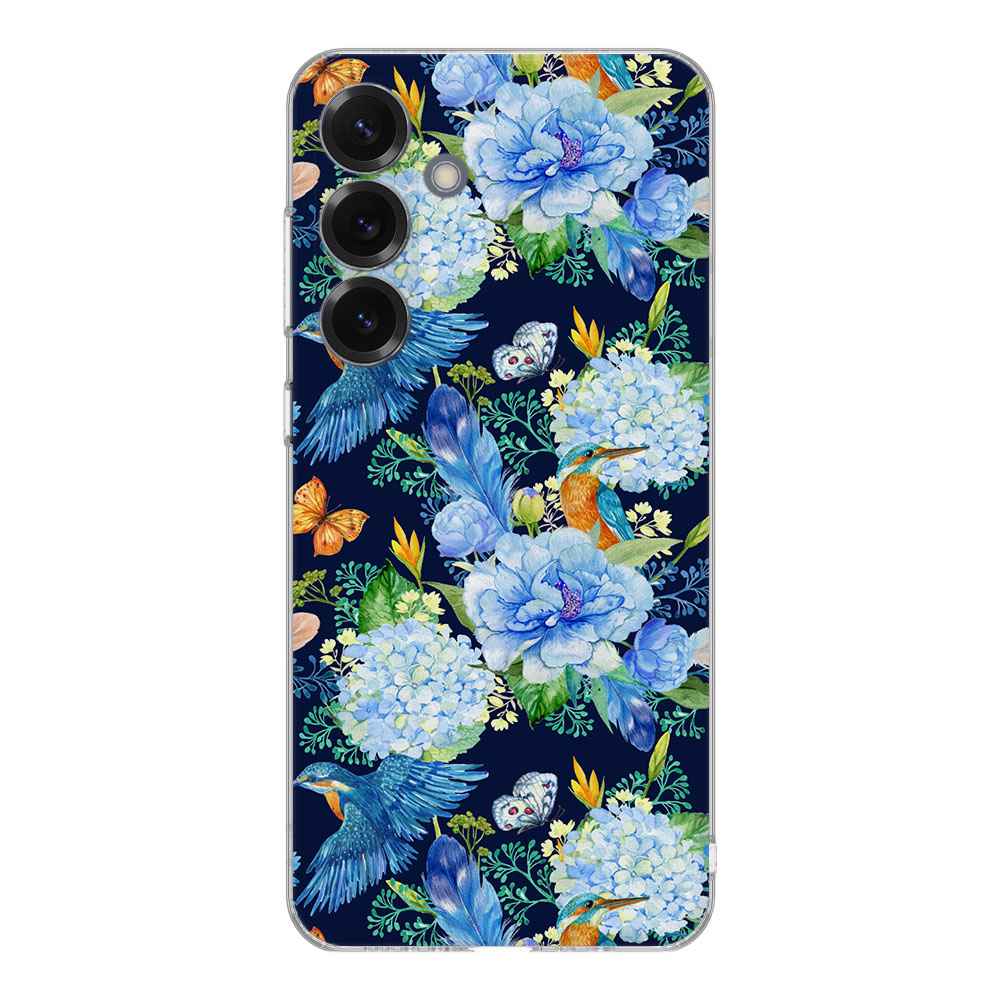 TPU Hoesje Samsung Galaxy S25 IJsvogel Backcover bloemen design achteraanzicht