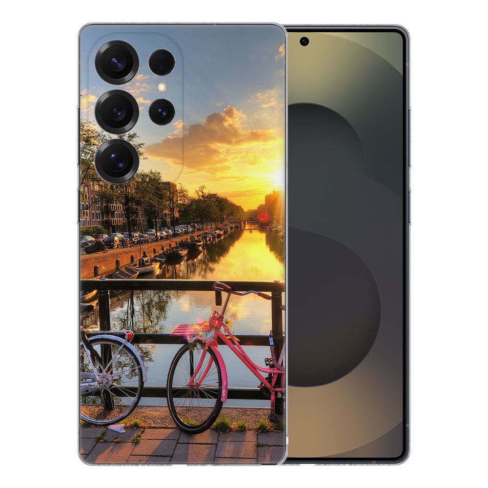TPU Hoesje Samsung Galaxy S25 Ultra Amsterdamse Grachten Backcover fietsen kanaal zonsondergang
