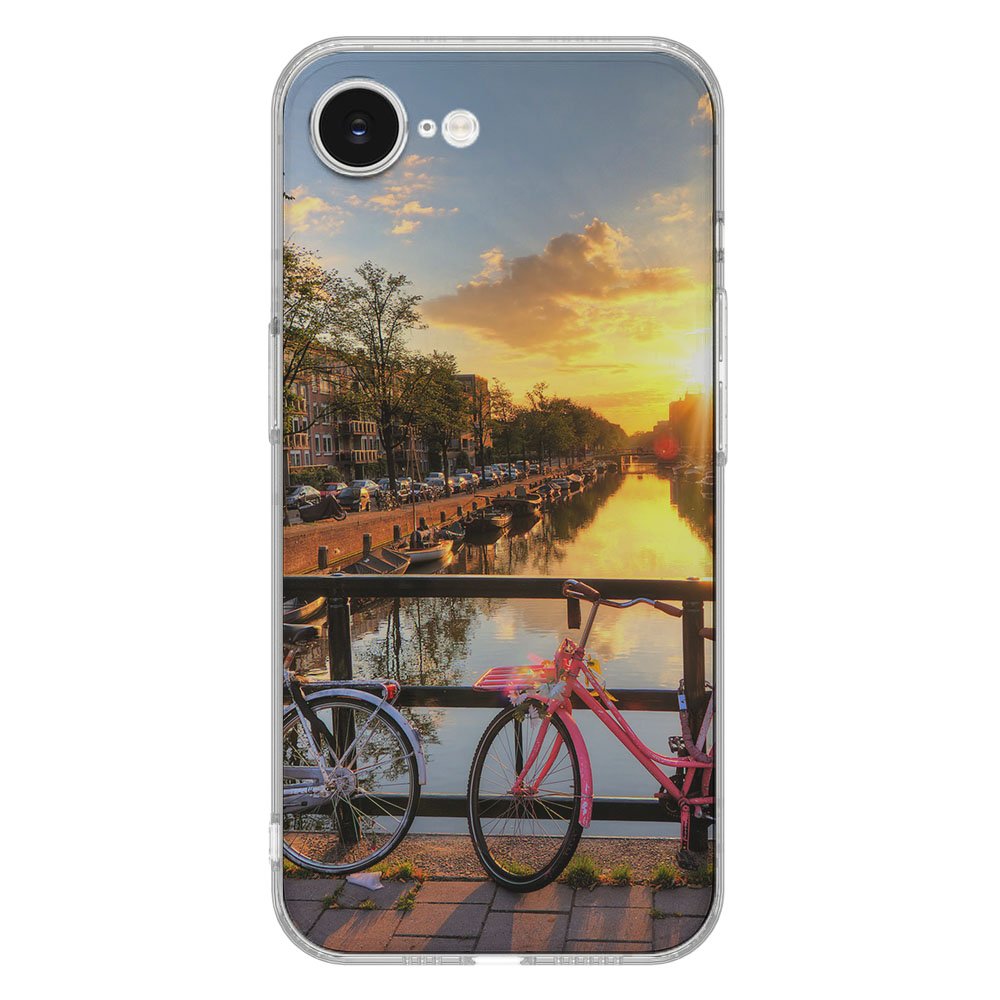 TPU Hoesje iPhone 16e Amsterdamse Grachten Backcover Amsterdamse grachten zonsondergang fietsen