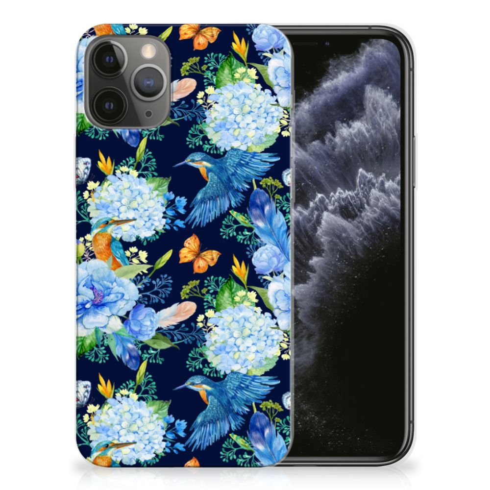 TPU Hoesje voor Apple iPhone 11 Pro IJsvogel met bloemen en ijsvogels op een blauwe achtergrond.