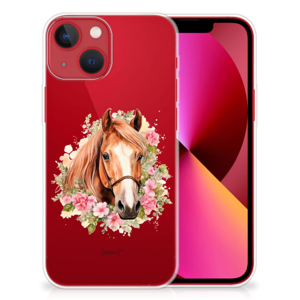 TPU Hoesje voor Apple iPhone 13 Paard met een prachtige paardenafbeelding omringd door bloemen.