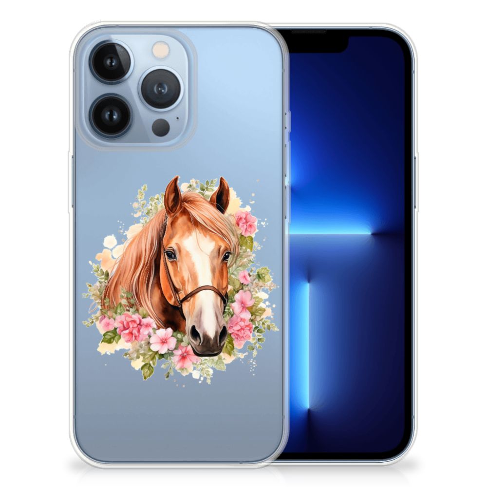 TPU Hoesje voor Apple iPhone 13 Pro Paard met een schattig paard en bloemen design 🌸