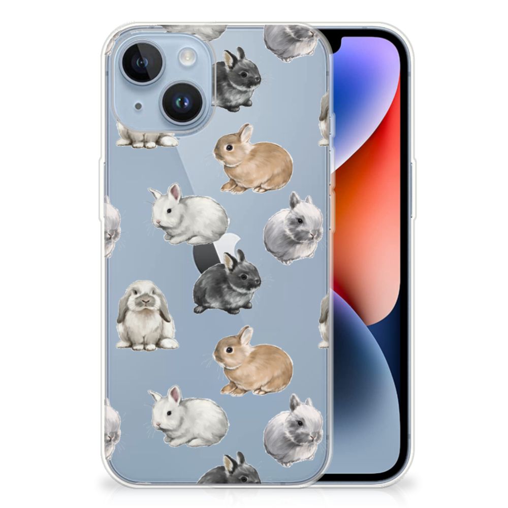 TPU Hoesje voor Apple iPhone 14 Konijntjes met schattige konijnen in verschillende kleuren.
