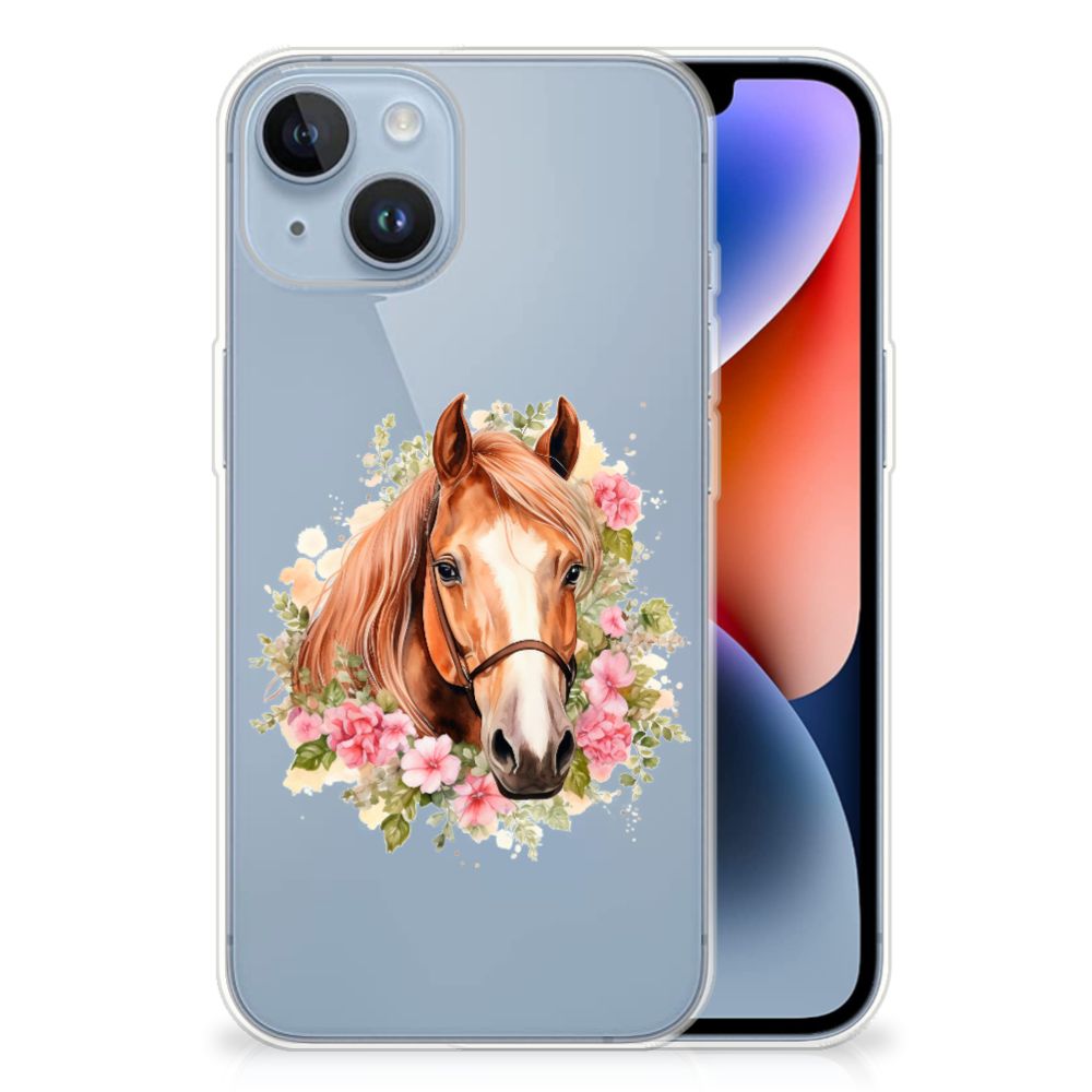 TPU Hoesje voor Apple iPhone 14 Paard met een mooie afbeelding van een paard en bloemen 🌸.