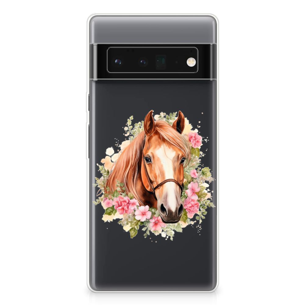 TPU Hoesje voor Google Pixel 6 Pro Paard met prachtige paardenafbeelding en bloemen, ideaal als cadeau 🎁.