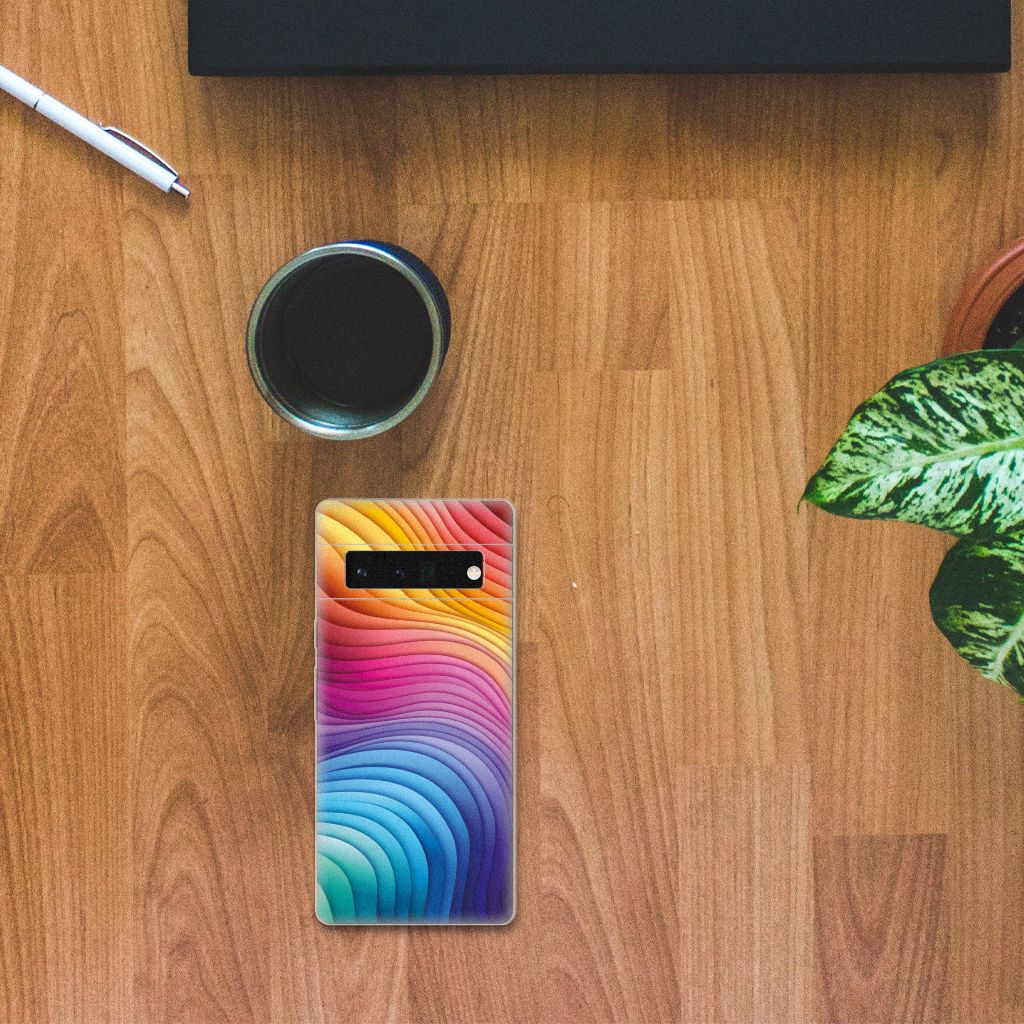 Google Pixel 6 Pro TPU Hoesje Regenboog design kleurrijke golfpatroon bovenaanzicht