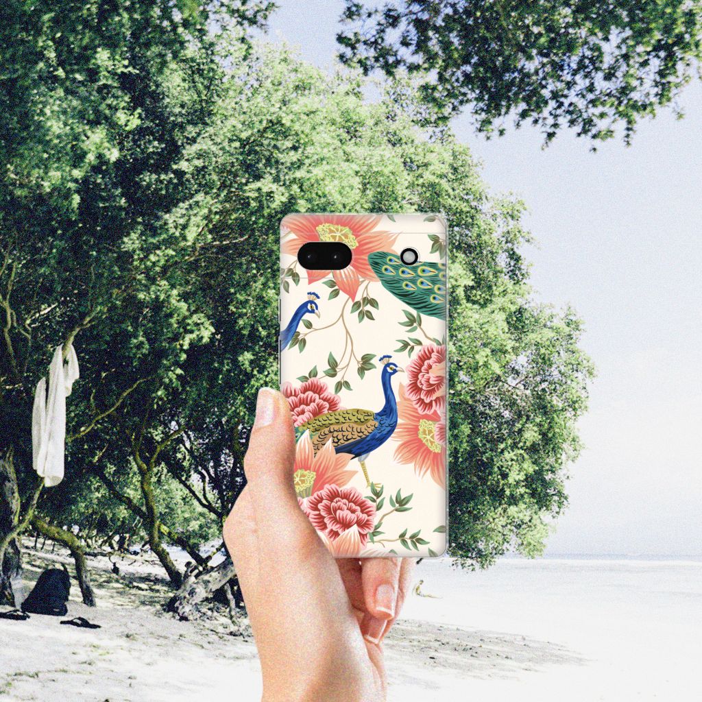 TPU Hoesje voor Google Pixel 6A Pink Peacock pauw bloemen hand aanzicht