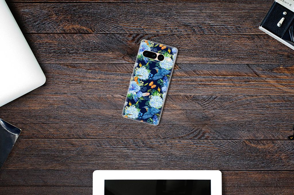 TPU Hoesje voor Google Pixel 7 Pro IJsvogel design bloeiende bloemen aanzicht