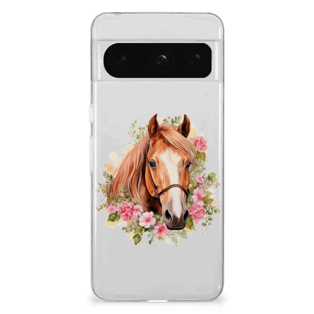 TPU Hoesje voor Google Pixel 8 Pro Paard design paard met bloemen aanzicht