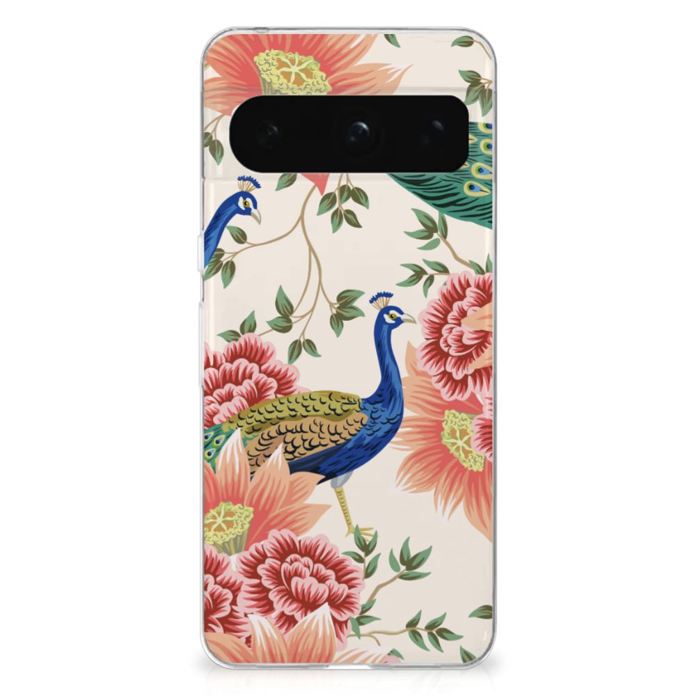 Google Pixel 8 Pro TPU Hoesje Pink Peacock achterkant ontwerp pauwen bloemen